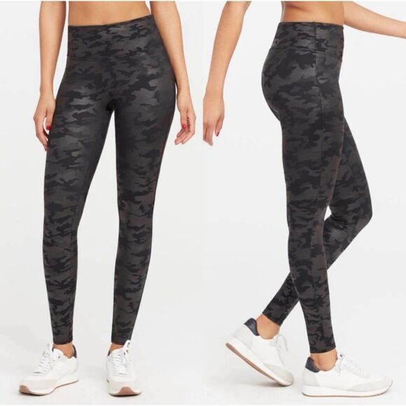 Spanx Leggings Womens Black Matte Camo Faux Leather High Rise Stretch Si… - Picture 1 of 11